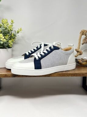 Christian Louboutin Rantulow Gray Canvas Blue Suede Shoes Mens Size 43 USA 9.5